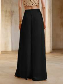 GENKIRA Calça feminina nova, cintura alta, alargada, cor sólida, casual, perna larga - Preto - Ver 7