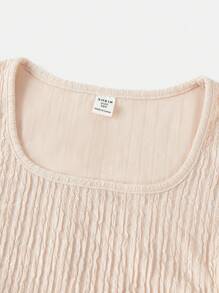 SHEIN 青少年女孩休闲时尚百搭针织纹理圆领褶皱腰修身短袖上衣和宽松阔腿长裤套装，周末休闲出游，返校 - 卡其色 - 查看 12