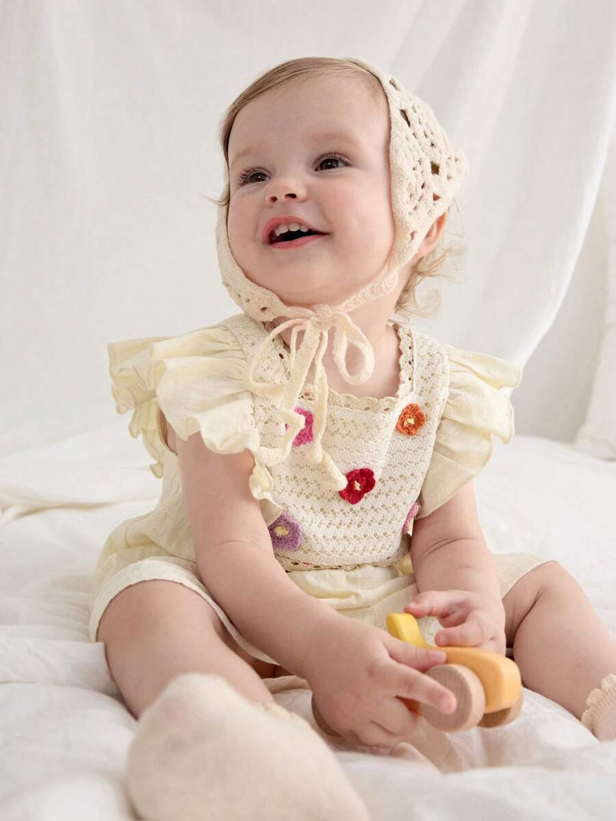 Cozy Pixies Bộ đồ liền thân tay ngắn cổ vuông họa tiết hoa 3D cho bé gái kèm quần short, thoải mái và đa năng - Nhiều màu - Xem 1