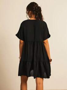 Freevana 大碼蝙蝠袖荷葉邊娃娃裙 - 黑色 - 查看 2