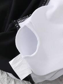 SHEIN Leap Crew 青少年女童黑色撞色白色腰部镂空夏季休闲度假沙滩针织短袖开衫拉链连体泳衣