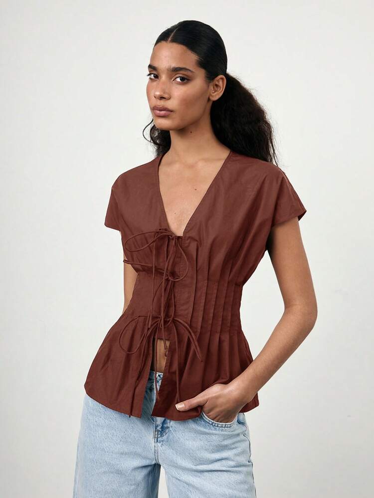 SHEIN Maija Spring/Summer New V-Neck Front Tie Bow Waist Pleated Shoulder Puff Sleeve Women Top, Coffee Brown, Elegant For Carnival, Party,St Patrick's Day Easter Party Top Holiday Beach Vacation Going Out Graduation