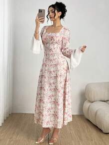 Modelyn Fashionable Colorblock Romantic Vacation Long Dress For Women, Pink Fall Cloth For Women - Pink - View 6