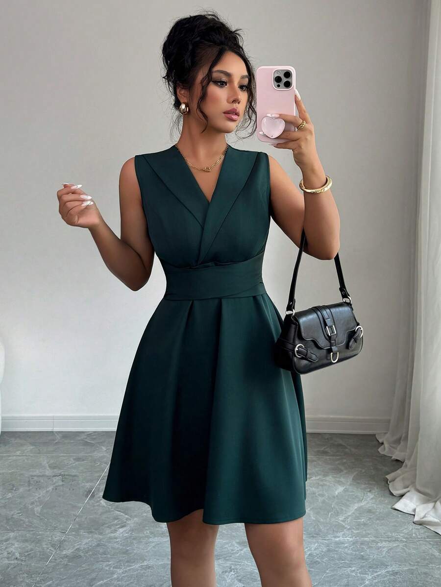 Elenzga Sukienka midi bez rękawów z krzyżującymi się ramiączkami i dekoltem w serek, styl minimalistyczny, odpowiednia na imprezy, wiosna/lato