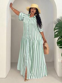 Slaydiva Đầm sơ mi ngắn tay kẻ sọc cỡ lớn dành cho nữ, phong cách tối giản. - màu xanh lá - Xem 5