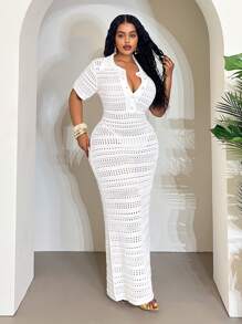 Slaydiva 复活节波西米亚风休闲轻盈纯色翻领前扣短袖修身镂空针织长裙，优雅浪漫，适合春夏季、海滩、日常穿着，加大码 - 白色 - 查看 8