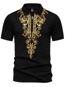 Manfinity Homme Men's Floral Print Short Sleeve Casual Polo Shirt, Summer Gold Print T Shirt Men Luxury T Shirt Men Black And Gold T Shirt Men Designer T Shirts For Men