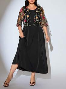 Modelyn 2 件套大码女式花卉刺绣网眼七分袖夹克和连衣裙，优雅 - 黑色 - 查看 4