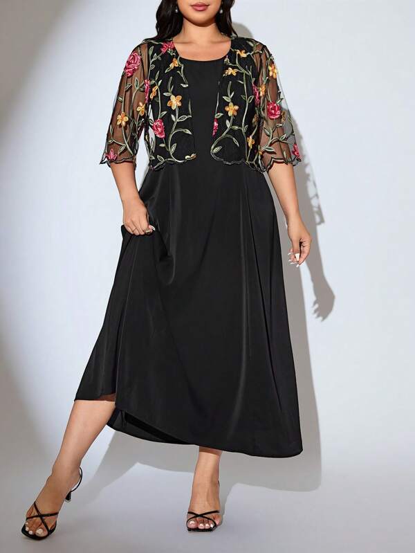 Modelyn 2pcs/Set Plus Size Women Floral Embroidery Mesh 3/4 Sleeve Jacket And Dress, Elegant