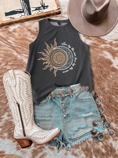 EMERY ROSE 大码女式休闲简约太阳和月亮箔印花无袖背心，适合夏季