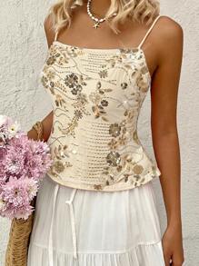 SHEIN EZwear Damen Sommer Perlen Rückenfrei Trägerhemd, geeignet für Urlaubsmode