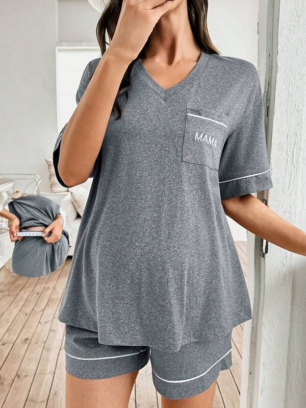 Contrast Color Trim Pocket Letter Print Short Sleeve Shorts Maternity Pajamas