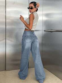 EURMUSE 100% Cotton LOW RISE WIDELEG CUT VINTAGE WASH Y2K STYLE JEAN - Light Wash - View 2