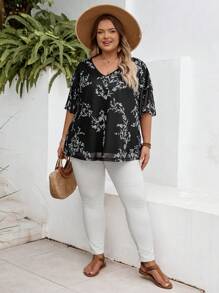 SHEIN CURVE+ 大码女式V领短袖雪纺印花荷叶边袖口宽松衬衫 - 彩色 - 查看 7