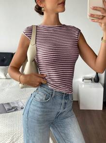 Siren Gaze 女士休闲条纹修身宽肩T恤，夏季 - 酒紅色 - 查看 4