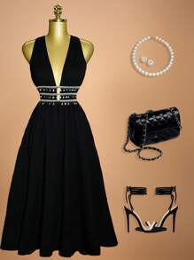 BamGleam Vestito da donna con scollo a V, pantaloni neri, con conchiglie e nappine decorative come accessori - nero - Visualizzare 3