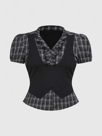 Goth Plus Size Women Gothic Plaid Patchwork Faux Two Pieces Blouse Top, Back To School Outfit