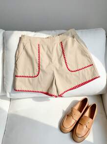 Comfortcana Quần short nữ mùa hè đi biển, thiết kế khóa kéo bên hông, viền hoa, có túi, kiểu dáng thường ngày, quần short giáo viên, phong cách bohemian. - Màu be - Xem 3