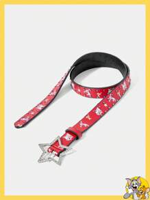 TOM & JERRY X SHEIN 1 curea de talie pentru femei cu cataramă cu stras și stea, drăguță, cu grafică animată, roșie - roșu - Vizualizare 2