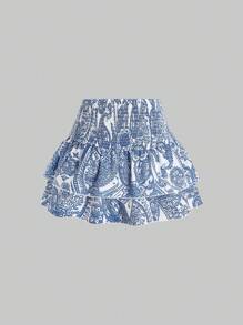 Sweetra Spring/Summer Casual Cashew Flower Pattern High Waist Pleated Ruffles Hem Short Skirt For Women - Blue - View 2
