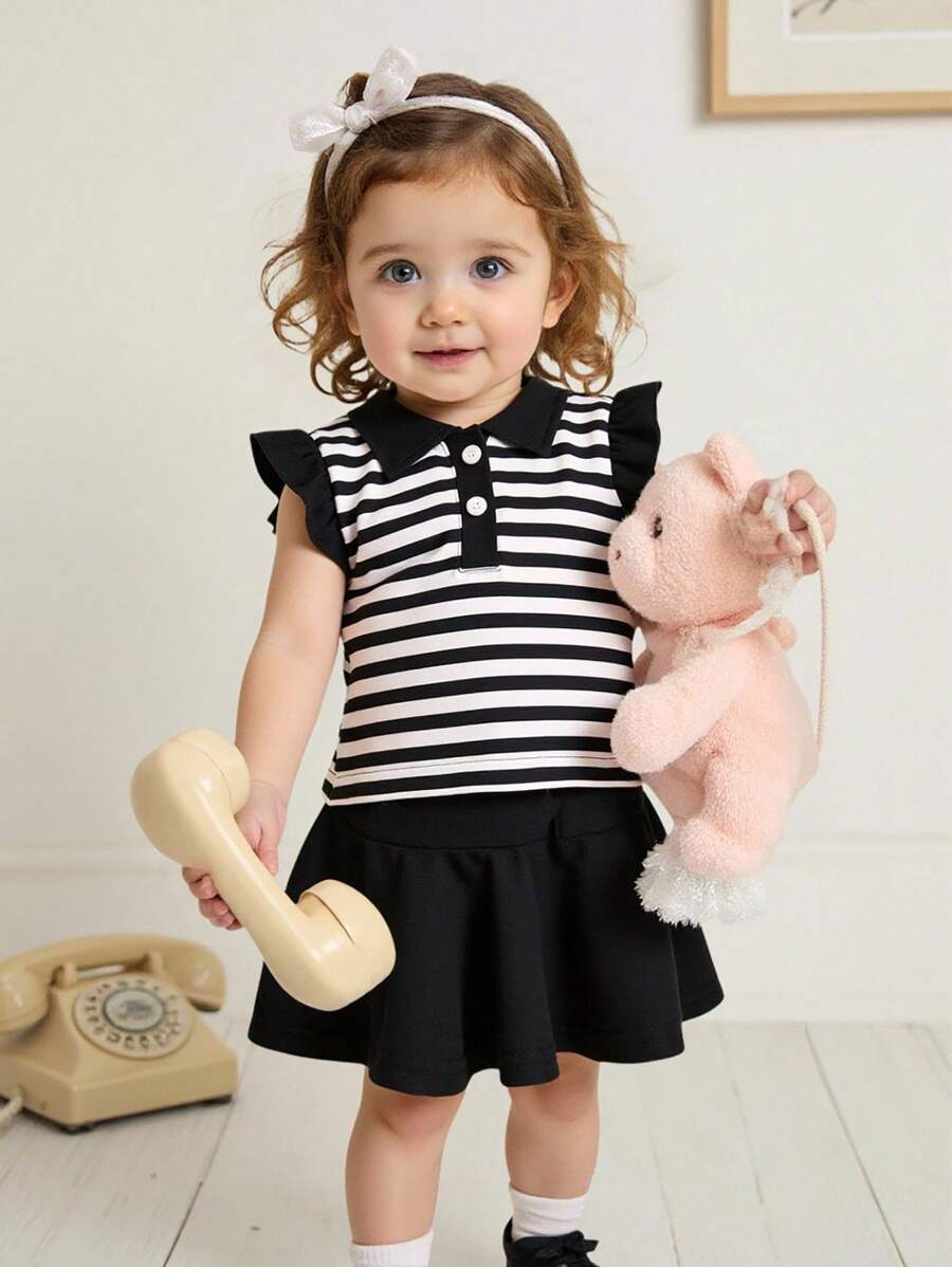SHEIN 2-Piece Baby Girl Casual Fashion Preppy Style Lapel Striped Top And Versatile Skirt Set Suitable For Spring And Summer Preppy Style Daily Wear