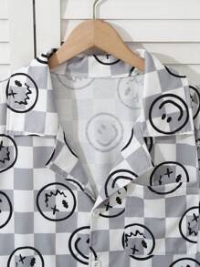 Men's Gray Minimalist Gentlemen Plaid Print Short Sleeve Cardigan And Loose Pants 2-Piece Casual Pajama Set