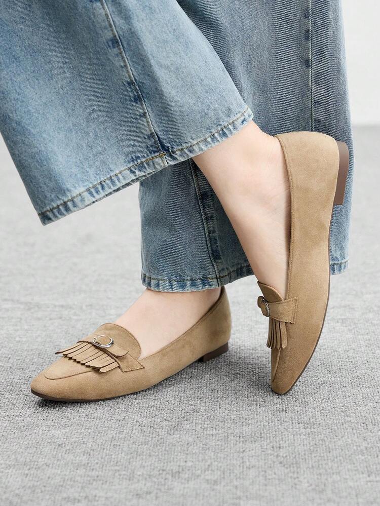 CUCCOO BIZCHIC Women Square Toe Suede Tassel Comfortable Soft Sole Daily Outdoor Apricot Flat Loafer Shoes