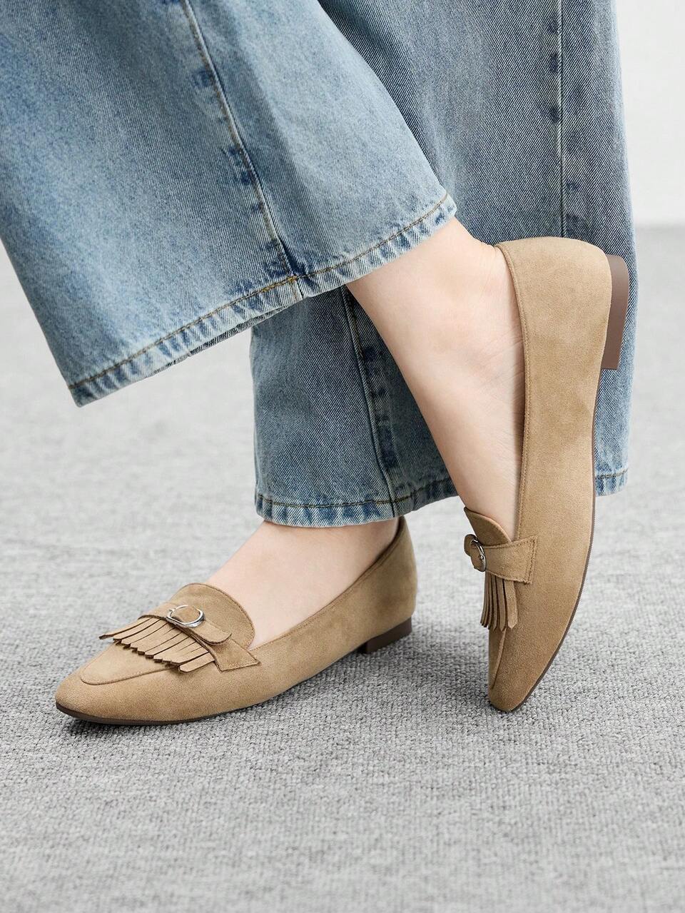 CUCCOO BIZCHIC Women Square Toe Suede Tassel Comfortable Soft Sole Daily Outdoor Apricot Flat Loafer Shoes