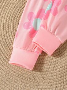 2 件套女童休闲可爱卡通英文图案上衣搭配花卉束腰罗纹下摆裤，适合外出、野餐、拍照 - 粉色 - 查看 5