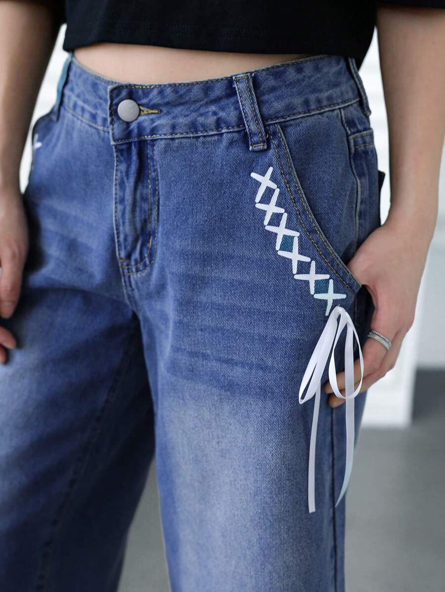 SHEIN Unity 女式低腰宽松阔腿牛仔裤，蓝色夏季，毕业，度假，乡村音乐会，音乐会，巡航，老钱风格，外出，节日，度假，生日，可爱夏季 - 白色 - 查看 1