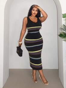 Slaydiva Damen Große Größen Sommer gestreiftes ärmelloses Top und Rock 2-teiliges Set, Große Größen körperbetontes Midi-Kleid, Große Größen gestreiftes Midi-Kleid, Kurvenreiches Midi-Kleid, Große Größen Sommerkleid, Große Größen Kleid für Kurven - Schwarz - Übersicht 5