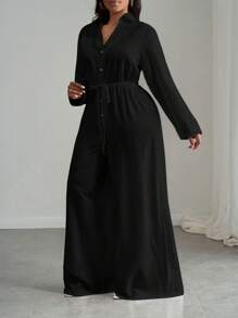 Slaydiva 2025 New Casual Vacation White Versatile Birthday Party Date Daily Simple Casual Basic Commute Sexy Street Long Sleeve Shirt Front Mid-Button Tie-Waist, Pocketed, Wide Leg Pleated Jumpsuit - A, Suitable For Spring/Summer Long Sleeve Jumpsuit Black Jumpsuit Button Up Jumpsuit Wide Leg Pants Jumpsuit Wide Leg Jumpsuit - Black - View 6