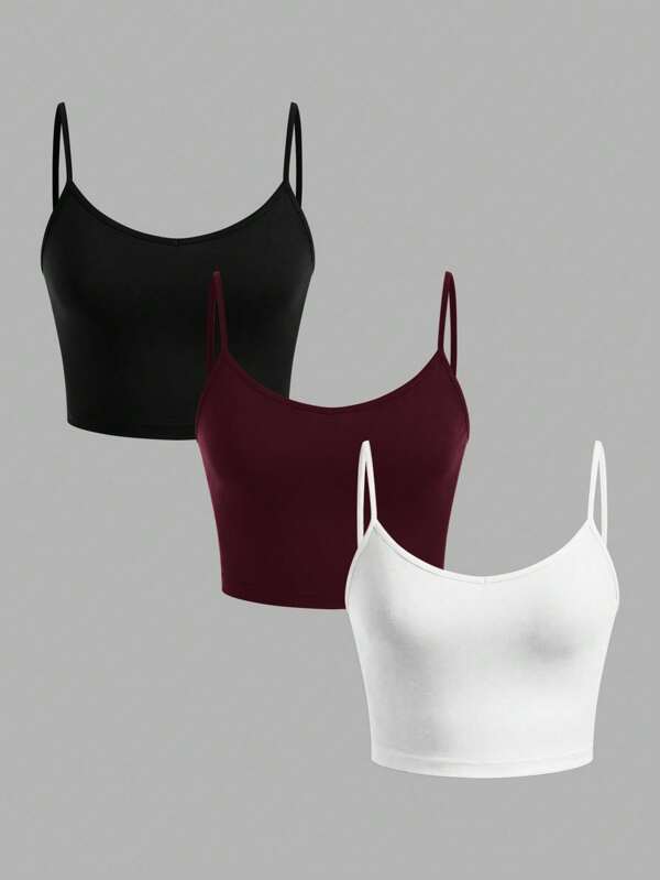 SHEIN EZwear 3 件套黑色碎花、灰色玫瑰、深红色女士无袖短款休闲吊带背心，适合夏季