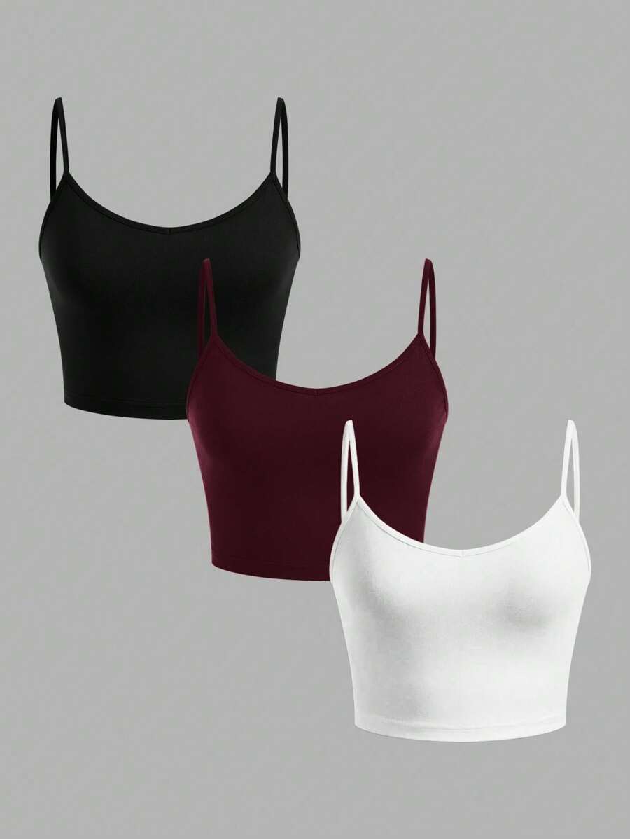 SHEIN EZwear 3 件套黑色碎花、灰色玫瑰、深红色女士无袖短款休闲吊带背心，适合夏季 - 彩色 - 查看 1