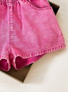 Comfortcana Women Casual Street Chic Solid Elastic Waist Washed Denim Shorts, Summer,Vacation,Going Out Shorts,Vacation,Cute Shorts,Streetwear,Funny Shorts,Country,Beach, Back To School Pink Shorts