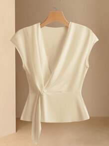 Franclia Women Elegant Twist Solid Deep V Neck Ruffle Short Sleeve T-Shirt - Apricot - View 3