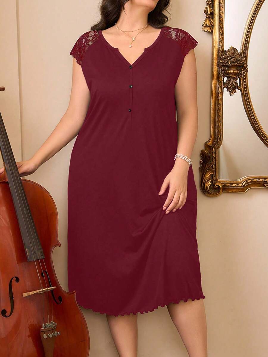 Côtesoire Romantic V-Neck Lace Patchwork Women's Casual Nightgown - Burgundy - View 1