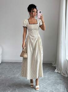 Rafferiza 春夏常规女式方领短袖拼布腰部褶饰全裙黑色和杏色波尔卡圆点印花长裙，法式休闲优雅学院度假家庭聚会毕业派对音乐节 - 黑與白 - 查看 3