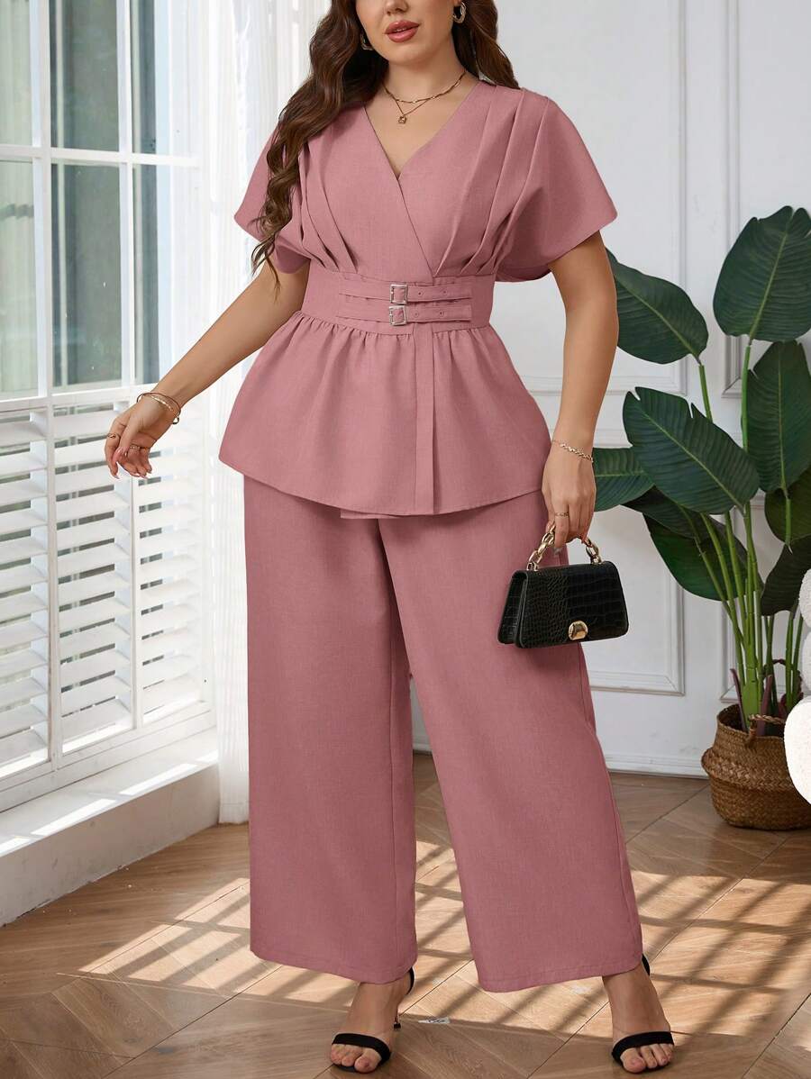 SHEIN Privé 大码女式春夏舒适休闲简约优雅办公室/通勤百搭竹纤维 V 领开衫和阔腿裤两件套 - 藕粉色 - 查看 1