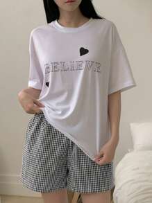 DAZY 2pcs/Set Women Casual Heart & English Print Short Sleeve Plaid Shorts Suit Pajama - White - View 7