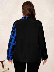 Chikora Camisa de manga larga de estilo casual de negocios para mujer con estampado geométrico de bloques de color en talla grande