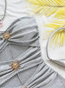 Soleia 女士度假白色针织纹理金属装饰修身连体裤，适合派对、约会、下午茶、音乐节、海滩巡游、夏季服装 - 杏色 - 查看 6