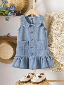 SHEIN Playful Pals 女童纯棉荷叶边牛仔连衣裙 - 淺色水洗藍 - 查看 8