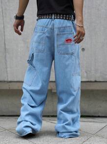 Manfinity EMRG 大码男士口袋宽松阔腿休闲牛仔背带裤 - 中等水洗藍 - 查看 2