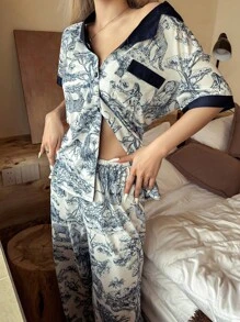 DUSKBASE 中国风动植物印花拼色翻领短袖睡衣套装蓝色睡衣套装女士蓝色真丝睡衣套装动物印花睡衣套装女士睡衣套装 - 寶藍色 - 查看 4
