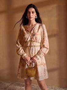 MOTF PREMIUM Robe col V à imprimé floral tissé avec bordure en dentelle dorée, robe décontractée élégante pour les vacances et le quotidien - Kaki - Voir 5