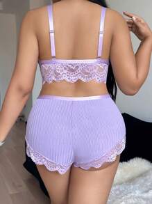 Seduluxe 3 件套：蕾丝边性感吊带短裤 + 花卉蕾丝宽袖网眼长袍，加大码 - 淡紫色 - 查看 5