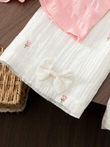 SHEIN 2 件女婴甜美花卉针织提花无袖上衣 + 刺绣阔腿裤套装，夏季 - 粉色 - 查看 4