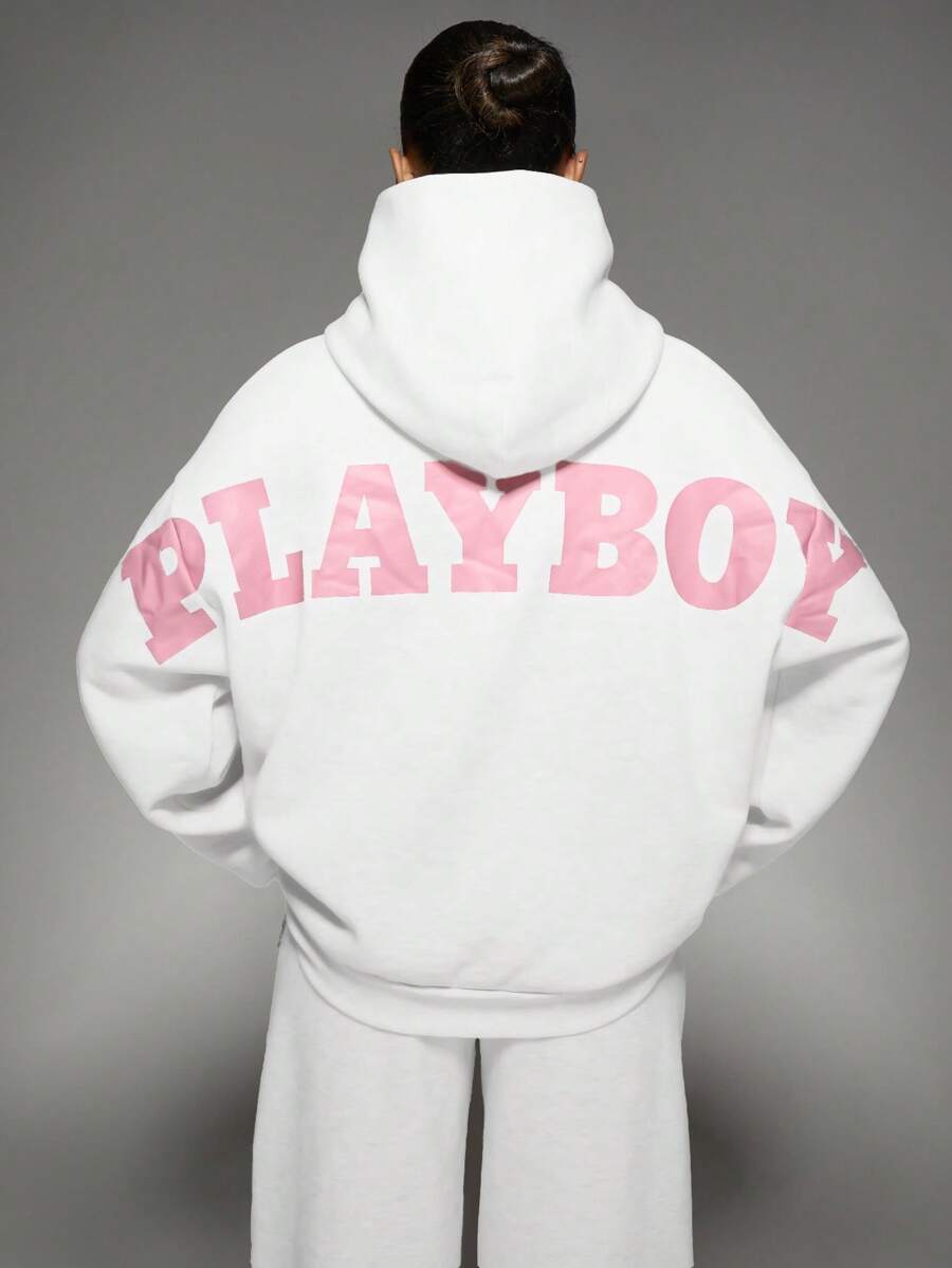 Missguided x Playboy Oversized Drawstring Hoodie Jogger Sweatshirt Long Sleeve Lounge Streetwear Fall Winter Casual Comfort Athleisure - White - View 1