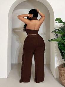 Maweii 大码女式毛衣套装纯色白色吊带背心+破洞流苏性感裤休闲性感派对针织套装度假夏季女装 - 棕色 - 查看 2